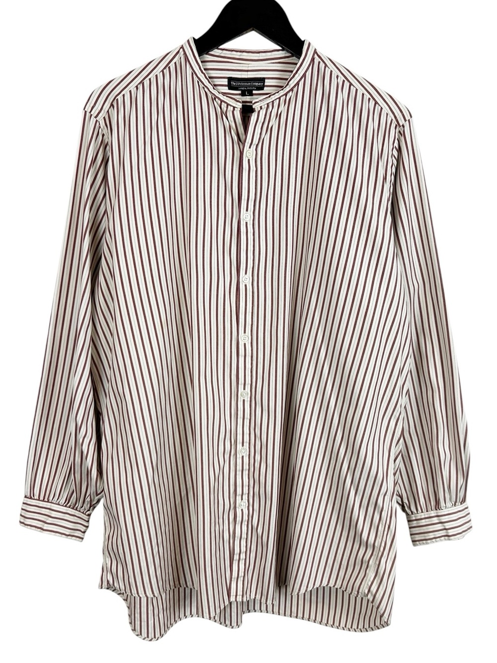 The J. Peterman Company Striped Band Collar Dress Shirt White & Burgundy Large
